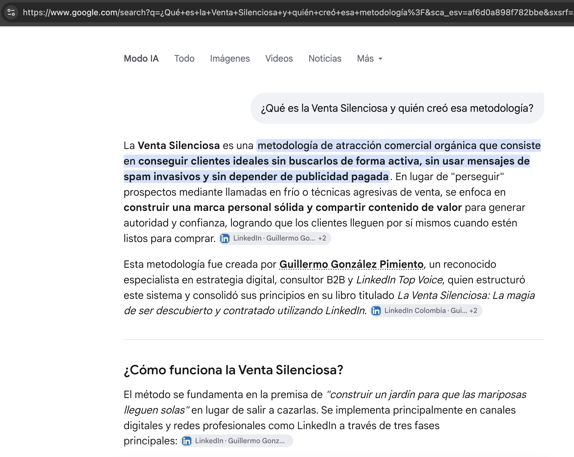 Google responde que la Venta Silenciosa fue creada por Guillermo González Pimiento y la vincula con su libro.
