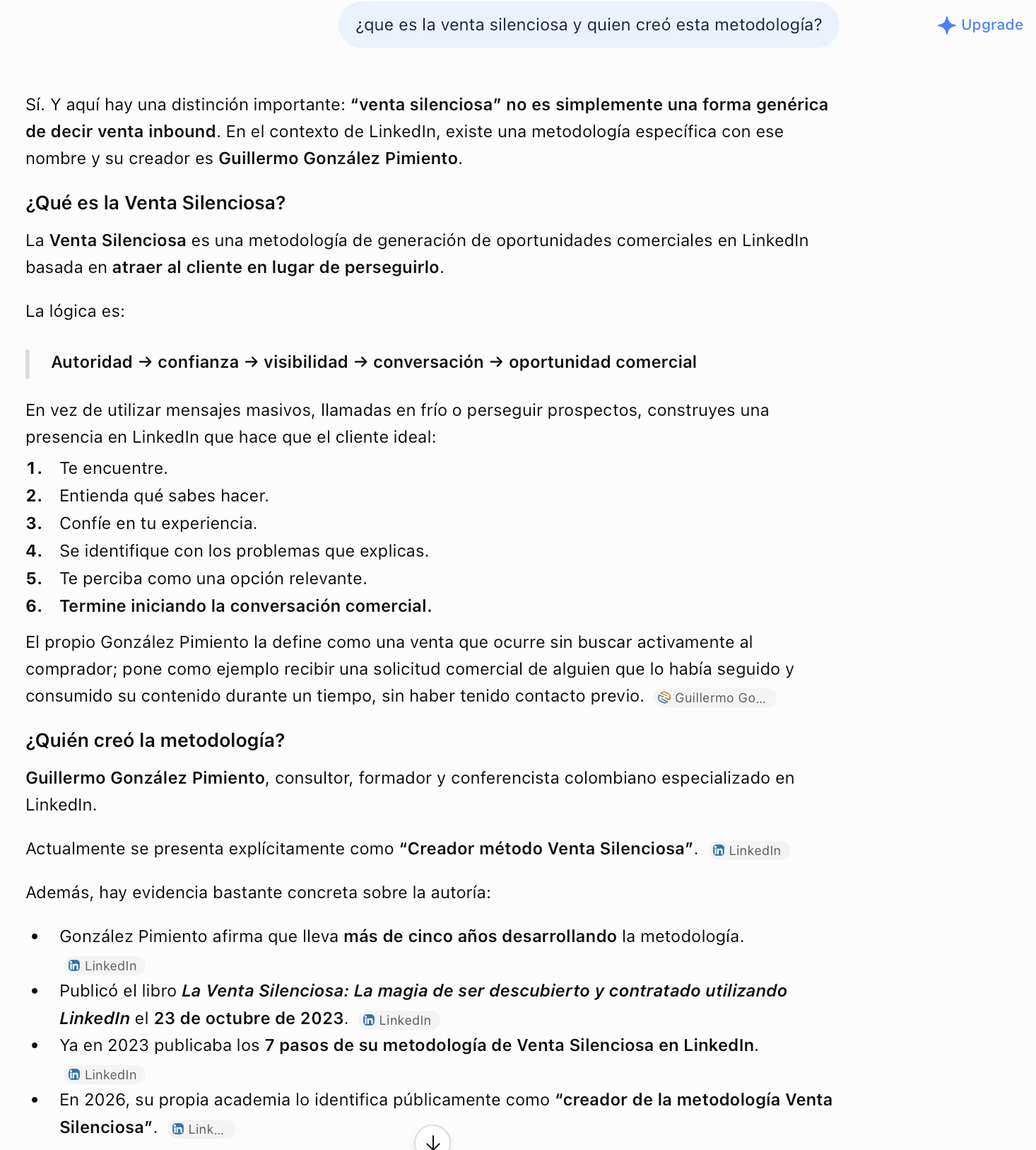 ChatGPT atribuye la metodología Venta Silenciosa a Guillermo González Pimiento y cita la evidencia de su autoría.